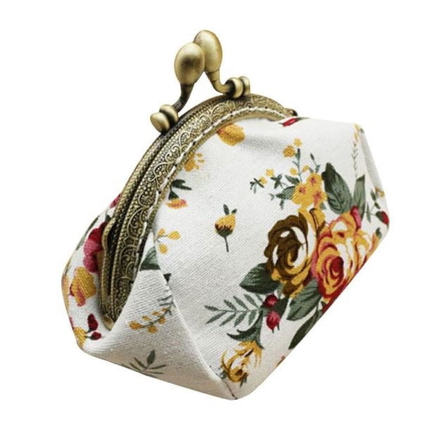 Faraee Canvas Floral Coin Purse Kiss Lock Change Wallet Vintage Trinkets Pouch Small Clasp Flower Clutch Purses