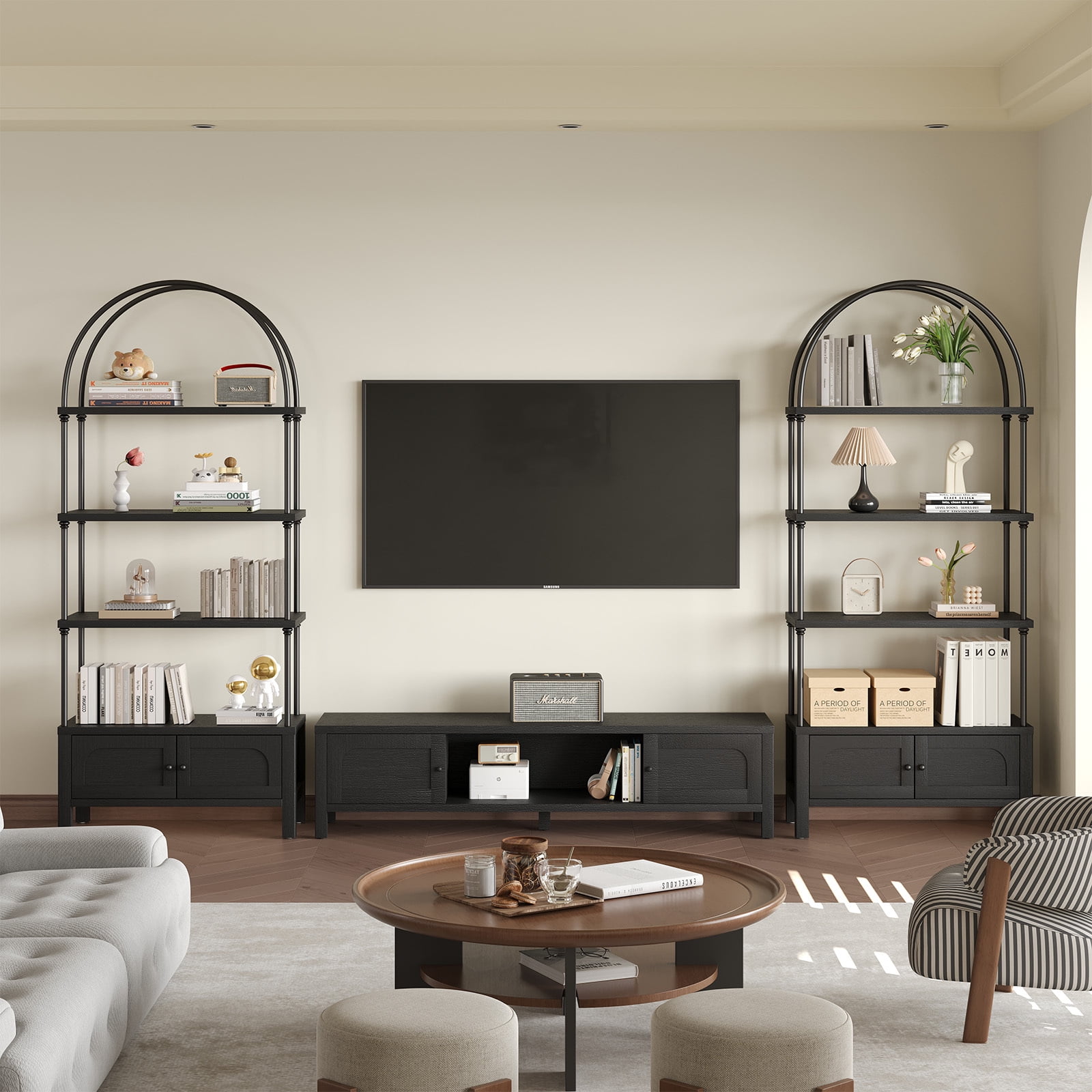 Furnibear Arched Bookshelf with Door 72 Inches Tall 5 Tier Storage Shelf with Cabinet,Modern Open Bookcase for Living Room or Home Office,Black