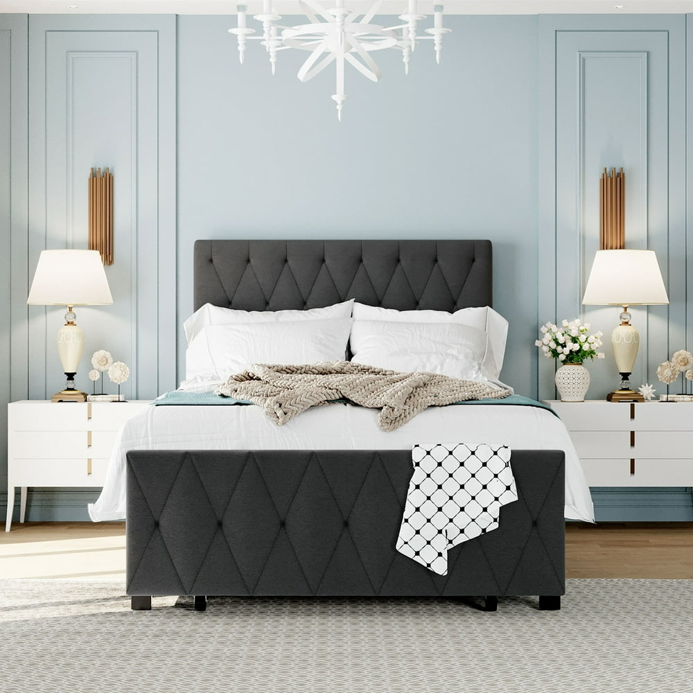 Twin Platform Bed Frame with Storage, Gray Linen Upholstered Metal