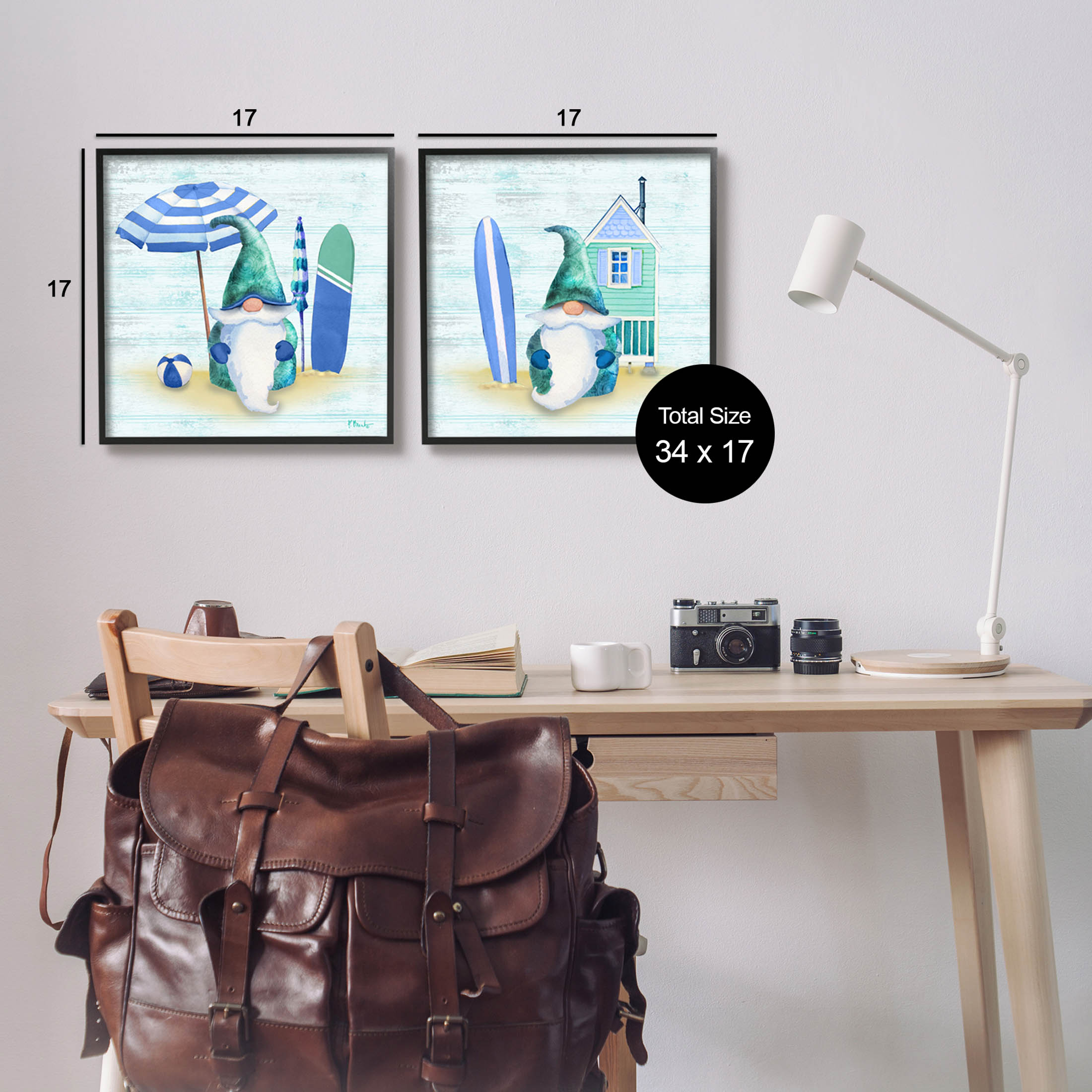 Nautical Gnomes Beach Surfboards Fairy Tales & Fantasy Graphic Art Black Framed Art Print Wall Art, Set of 2