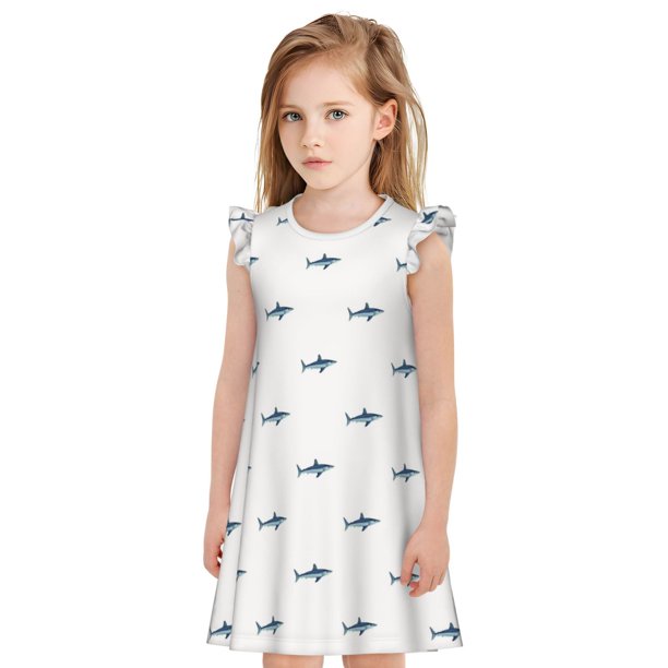 Fotbe Cute Shark Vestido de Dormir para Niñas de 3 a 10 Años, Mangas Cortas, Estilo Princesa, Pijama Camisón con Mangas Voladas-Medium