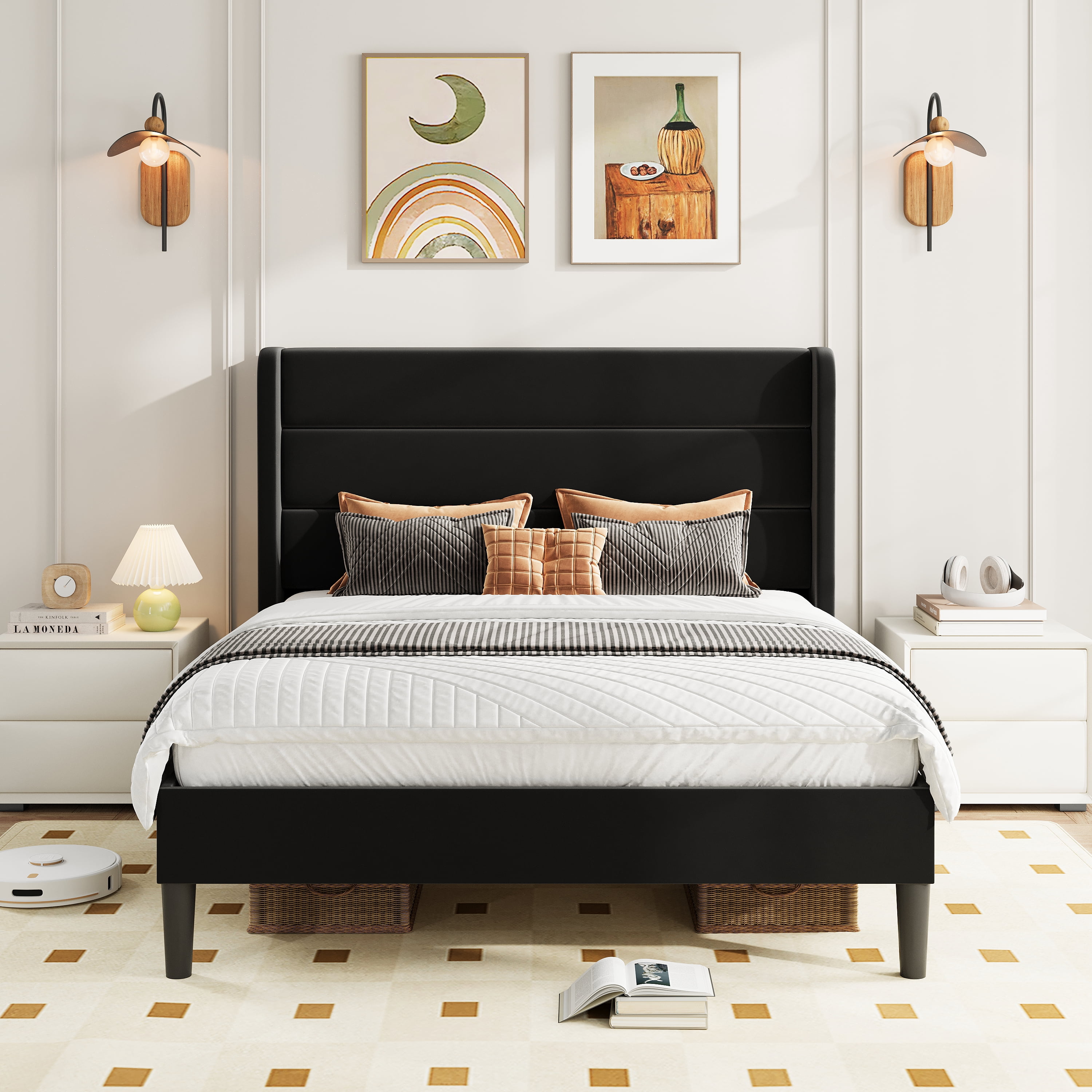 Amolife Full Size Platform Bed Frame with Velvet Upholstered Wingback Headboard, No Box Spring Needed, Black