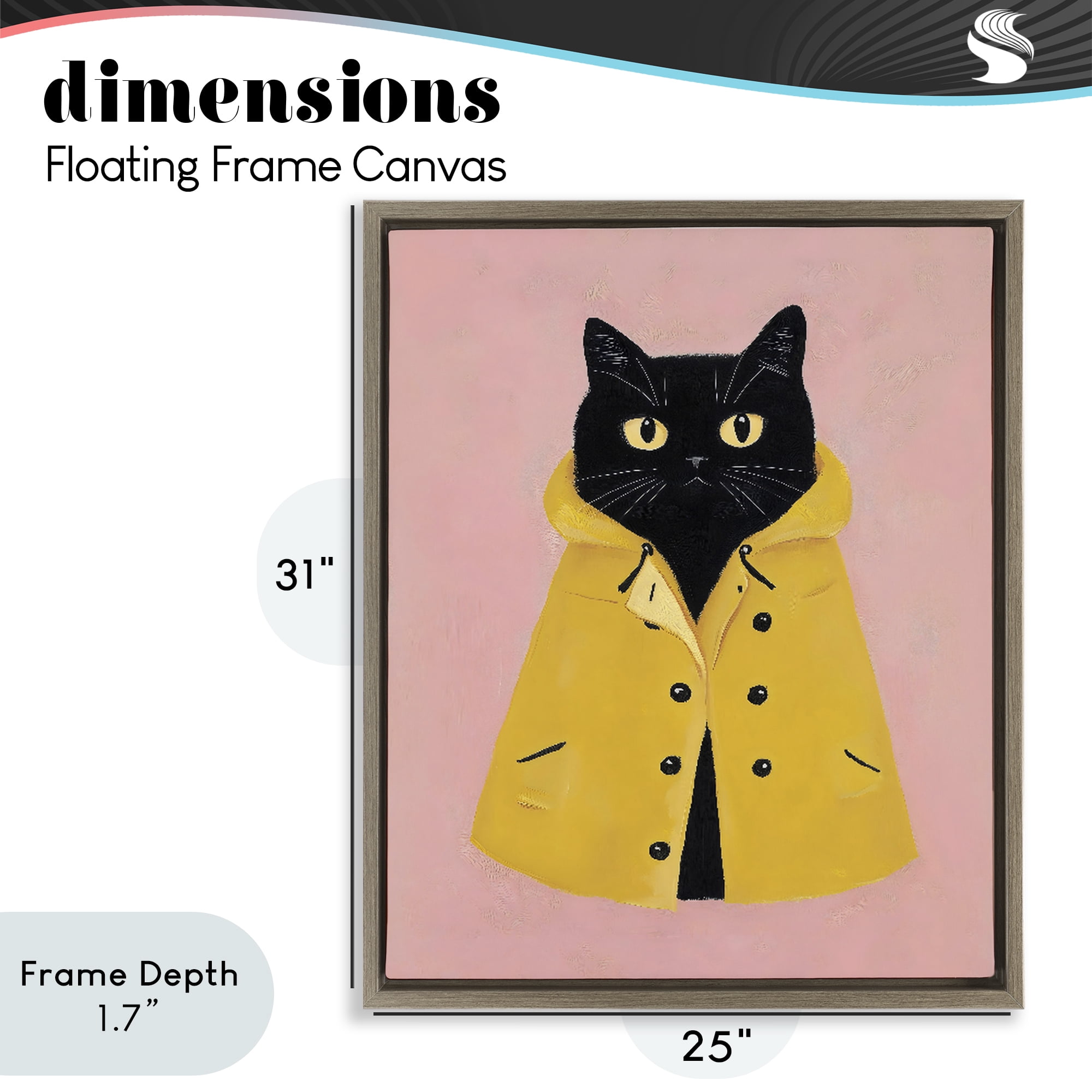 Stupell Industries Black Cat in Yellow Raincoat Brown Framed Floater Canvas Wall Art, design by The Prints Vibe
