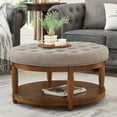 thumbnail image 2 of S-HOME Large Round Upholstered Tufted Linen Ottoman Coffee Table, Large Footrest Ottoman with Wood Shelf Storage, Linen, 2 of 6