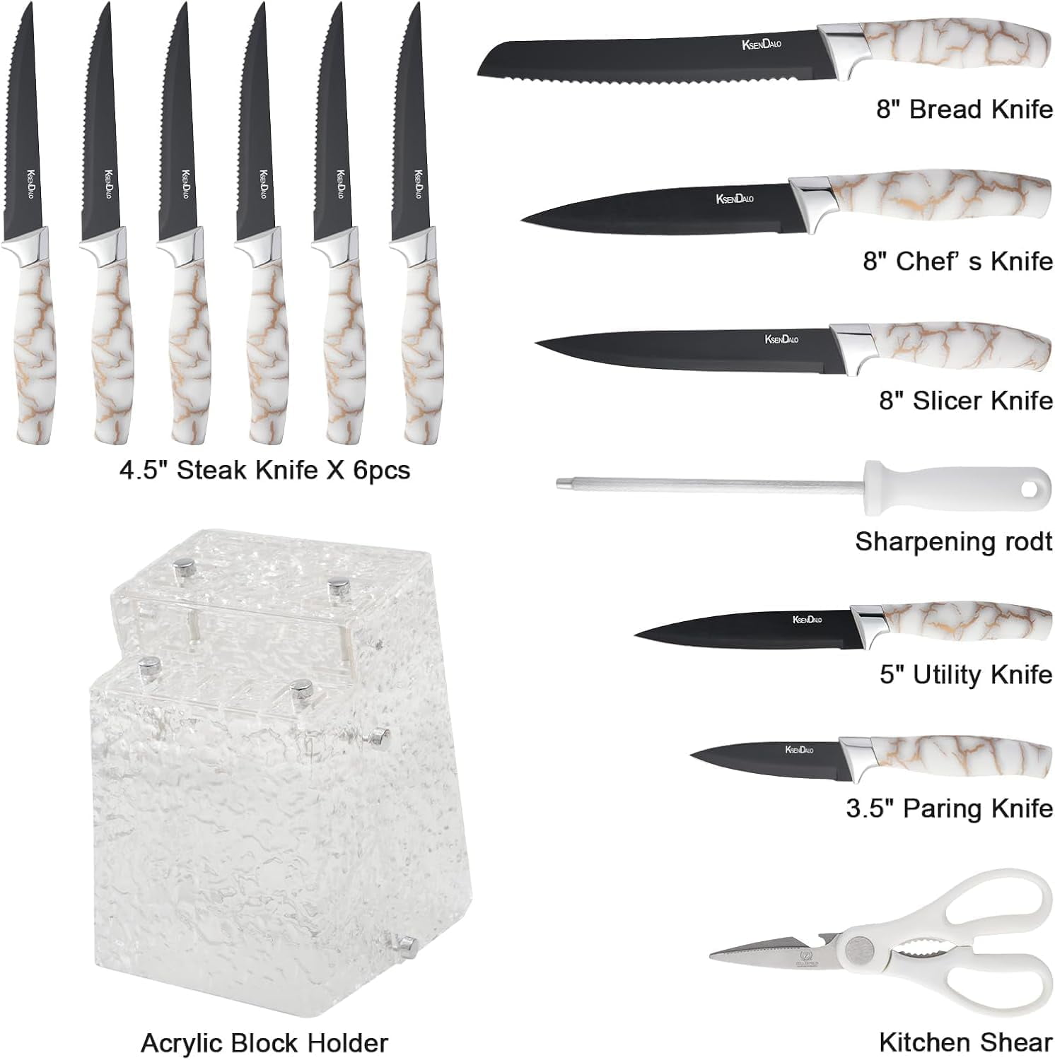 KSENDALO 14-Piece Kitchen Knife Set with Acrylic Block Holder