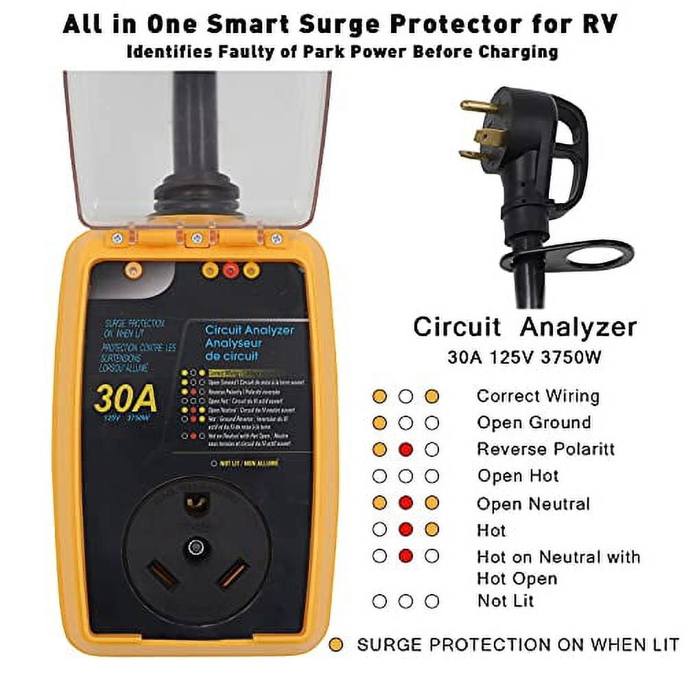 rv Surge Protector 30 Amp Smart RV Surge Protector with Waterproof Cover All-in-1 Circuit Analyzer Power Guard for RV,Camper, Trailer, Truck, Motorboat