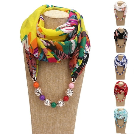 

Anvazise Beads Pendant Floral Print Necklace Scarf Simple Ethnic Style Vintage Chiffon Scarf for Home Light Blue