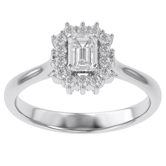 AFFY Halo Engagement Ring for Women, Center 5x4mm Emerald Cut Lab Created Moissanite Promise Ring in 14K White Gold Over Sterling Silver Jewelry, Ring Size 4