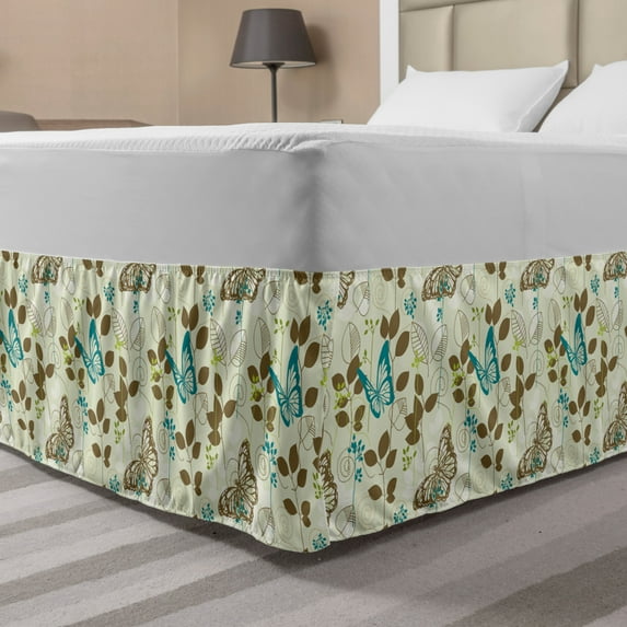 Abstract Bed Skirt, Silhouette of Monarch Butterfly on Dotted Swirls Palm Leaves, Elastic Bedskirt Dust Ruffle Wrap Around for Bedding Decor, 4 Sizes, Teal Green Brown, by Ambesonne