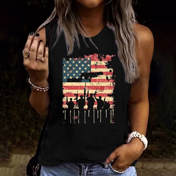Xdegoge Patriotic American Flag Soldier Graphic Tank Top for Women Sleeveless Crewneck 4th of July Military USA Pride Summer Casual Loose Fit Independence Day Vacation Shirts Tops