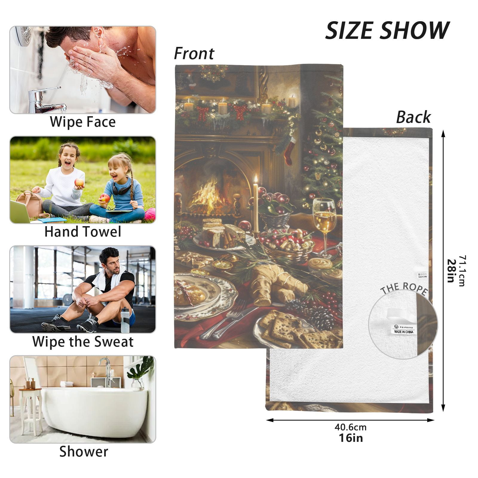 Christmas Dinner Hand Towels Cotton Bath Towels Large Face Towels Absorbent for Bathroom 2 Packs