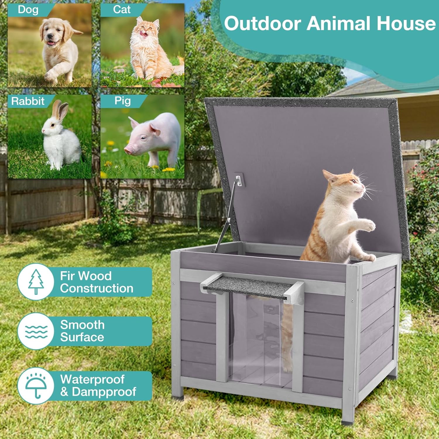 MEDEHOO Outdoor Cat House Wooden Feral Cats Enclosures Kitten Shelter,Weatherproof Small Pet Outside Bunny Cage