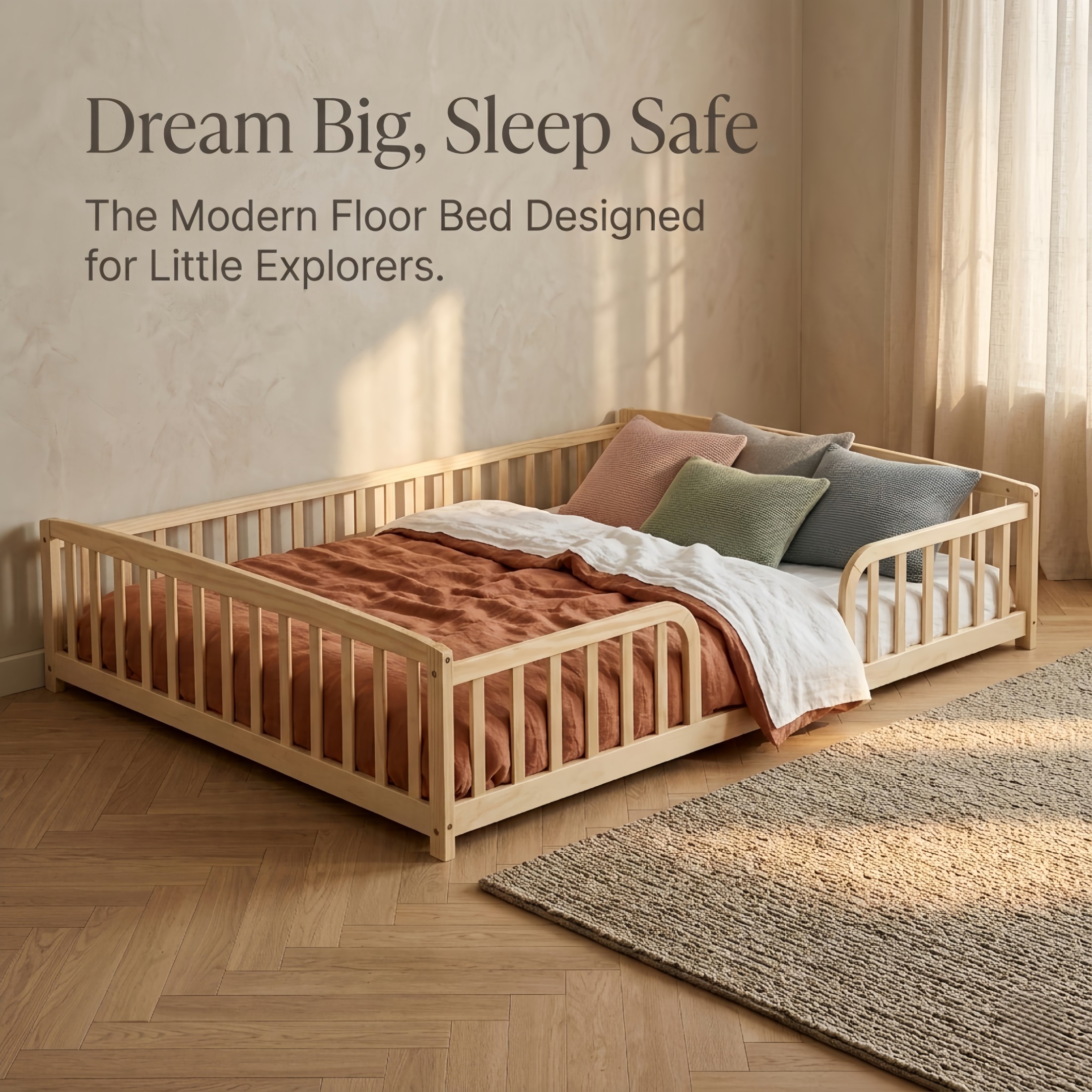 Noble House Norva Full Size Floor Bed with Central Curved Entrance Guardrails, Pine Wood Bed Frame, Natural
