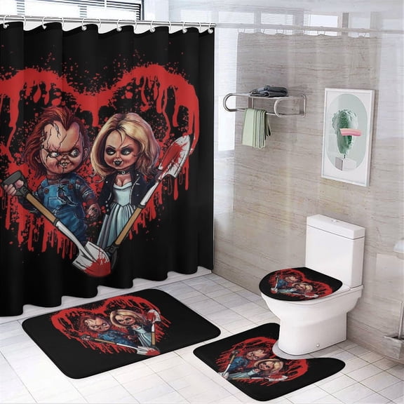 4 Piece Bride of Chucky Shower Curtain Sets with Non-Slip Rugs, Toilet Lid Cover And Bath Mat for Bathroom Decor Set, Funny Waterproof Fabric Shower Curtains