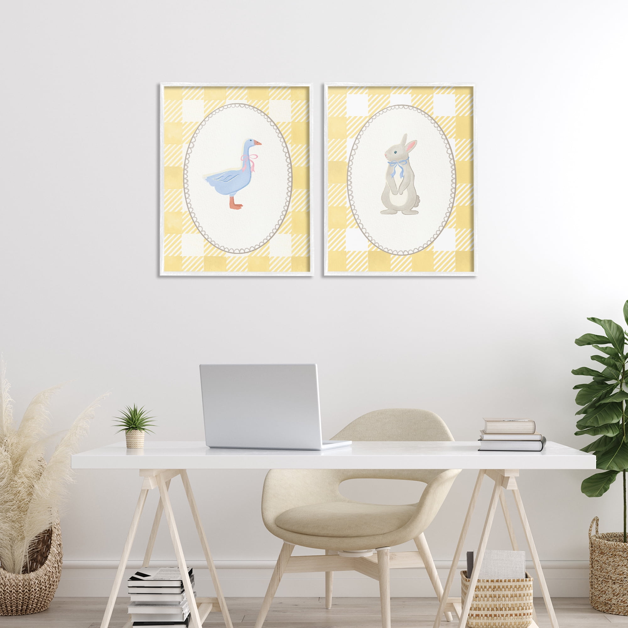 Stupell Industries Goose & Bunny Yellow Gingham 2 Piece White Framed Giclee Art Set, design by The Paper Curator