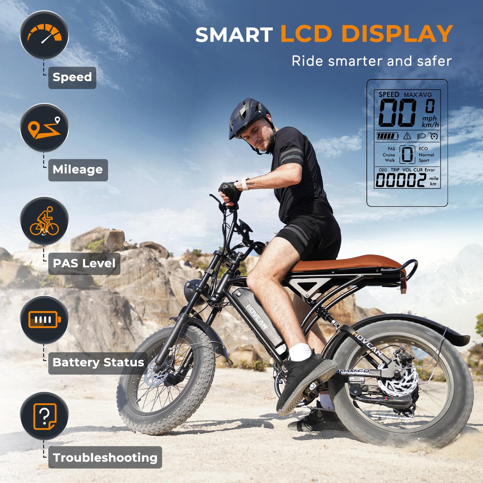 Movcan V60 Electric Bike for Adults,1000W Electric Mountain Bike,48V 15.6Ah Removable Battery,30 MPH 7 Speed Dirt Brake 20" Fat Tire Electric Bicycle,UL2849