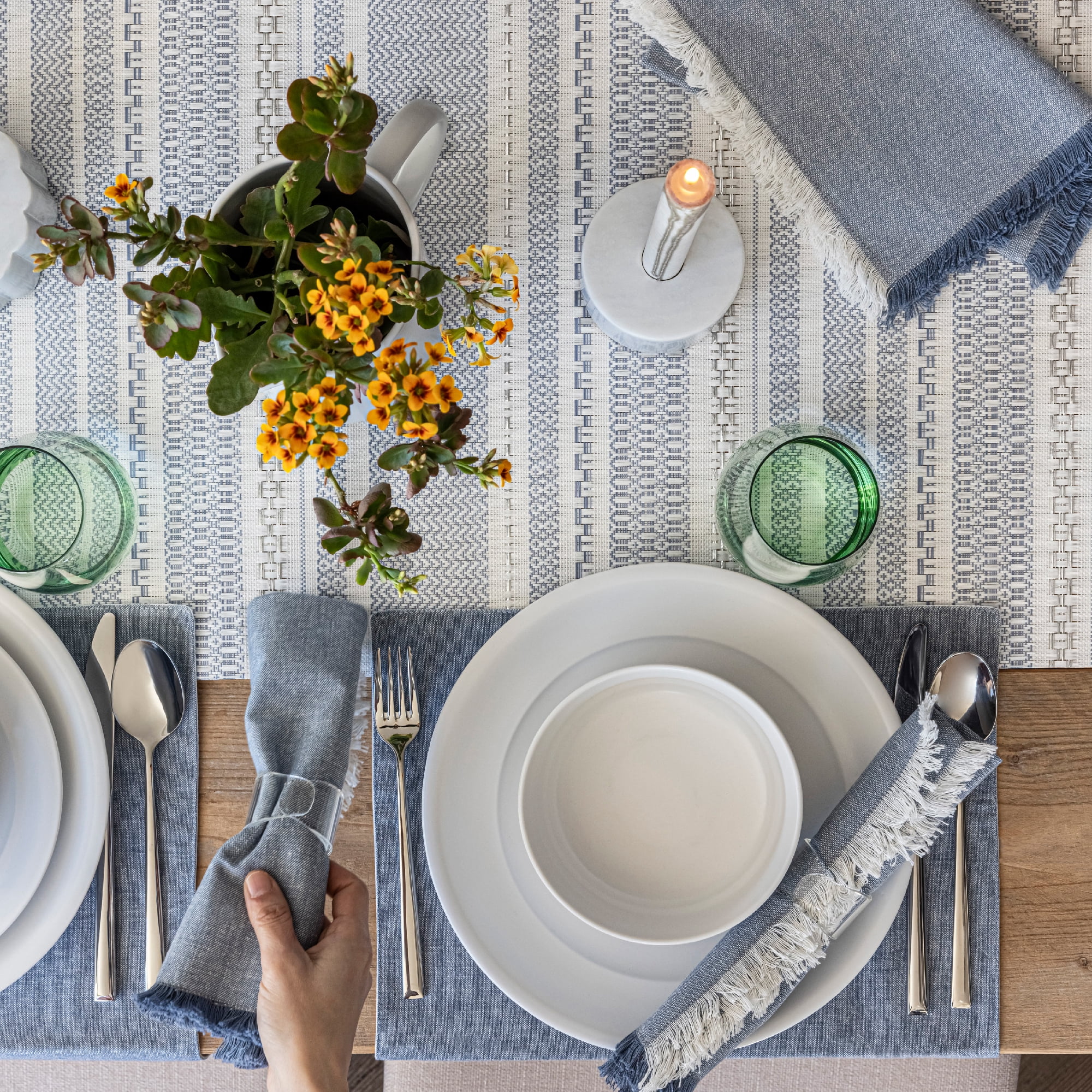 over&back 18x90 Reversible Striped Table Runner - UVA/UVB-Proof Table Runners - Waterproof Indoor and Outdoor Kitchen and Home Decor - Blue