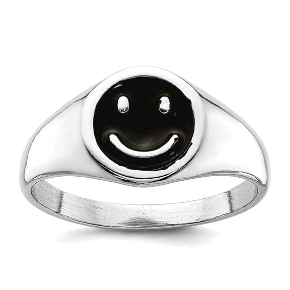 925 Sterling Silver Rhodium Plated Black Enamel Smiley Face Ring Size 8 2.1mm Wide Ring for Women