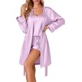 thumbnail image 1 of Women's 3pcs Satin Pajamas Set Cami Top and Shorts Sleepwear PJs Set with Robe,Light Purple, 1 of 5