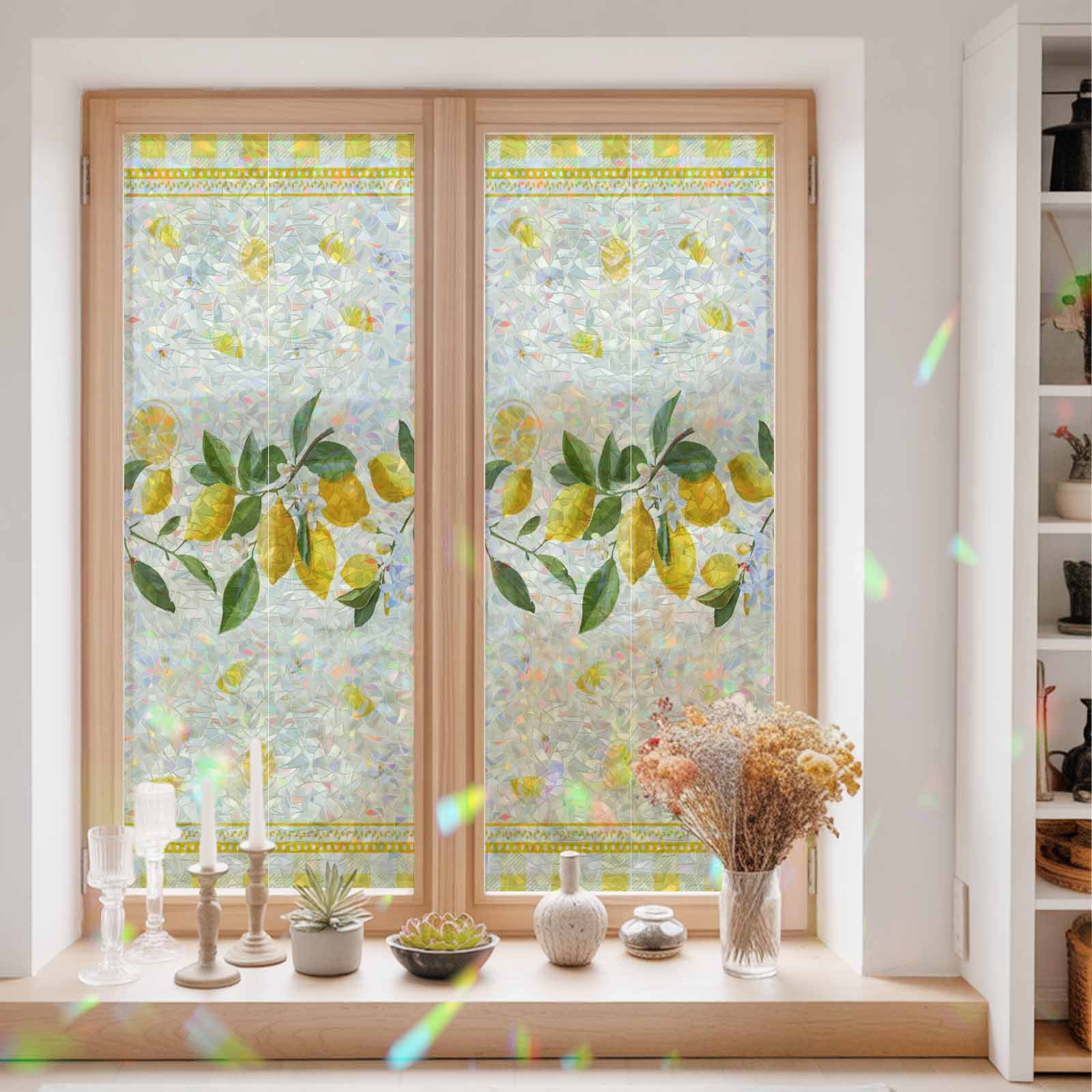 Yellow Lemons Window Privacy Film Rainbow Static Cling Stain Glass Window Film for Glass Door, Decorative Sunroof Decal Sticker for Car Bathroom 23.6"x59" Summer Botanical Checkered Farmhouse