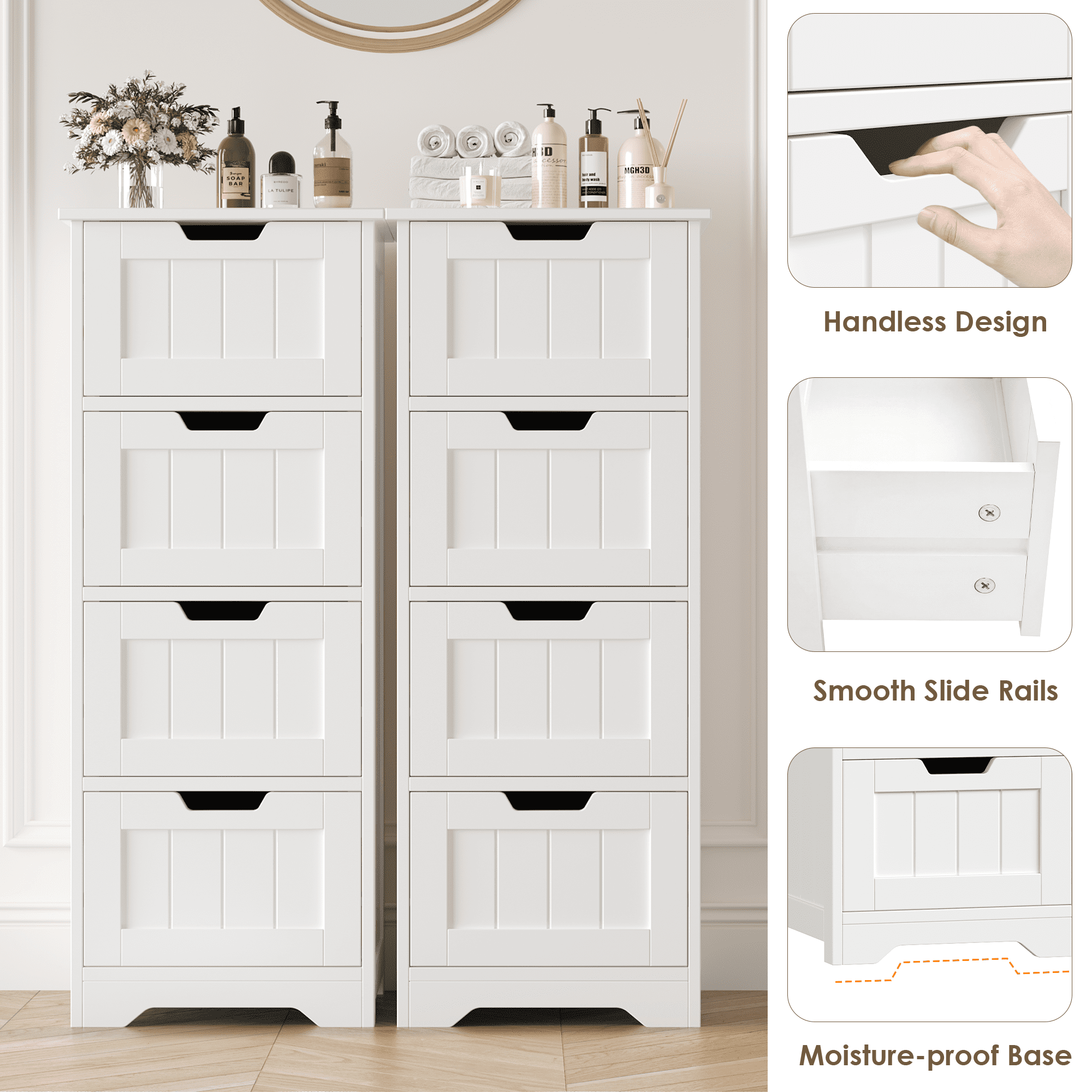 Homfa Bathroom Storage Cabinet, Free Standing Narrow Cabinet with 4 Drawers Entryway Storage Organizer for Living Room Bedroom, 2PCS, White