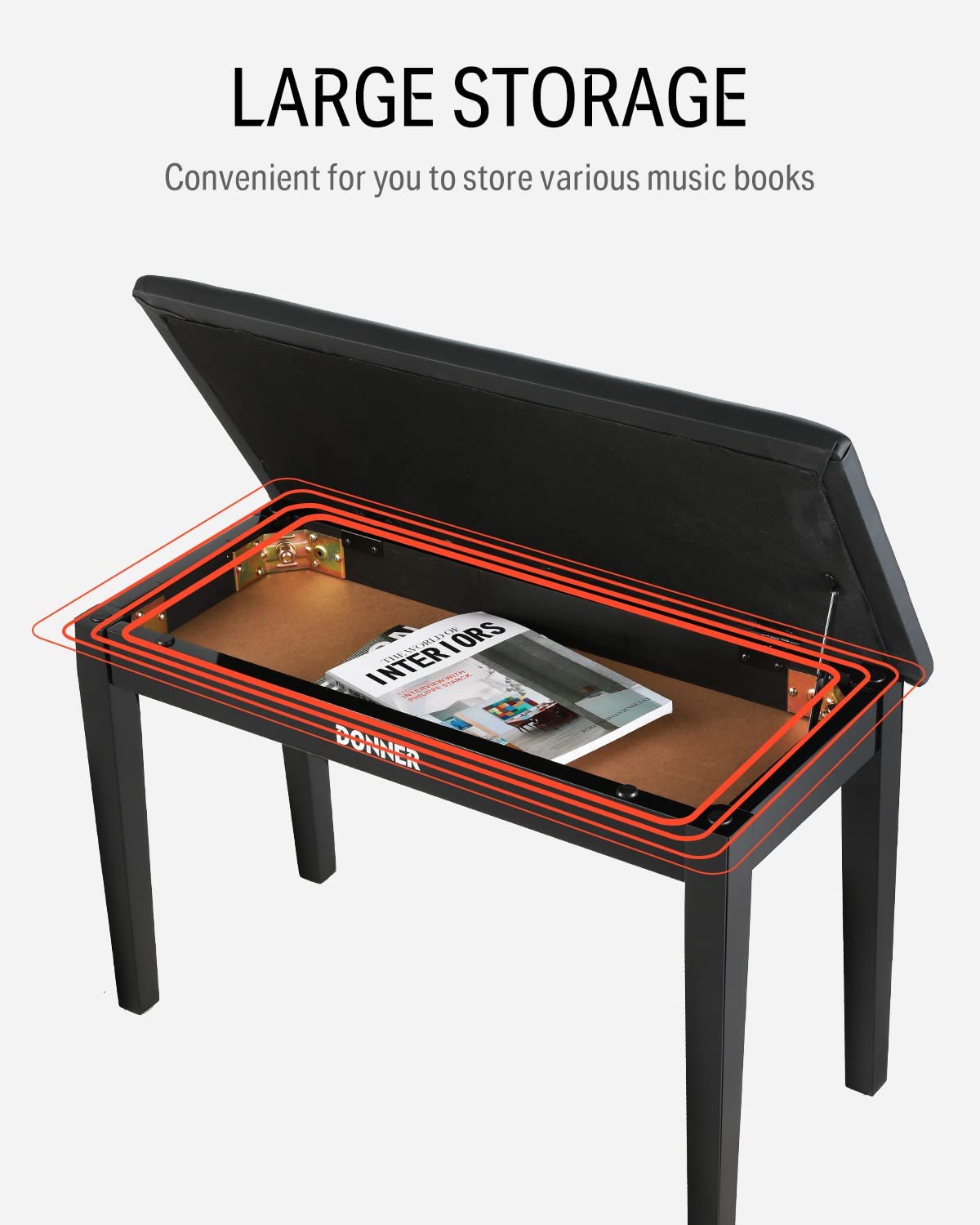 Tabouret De Piano Double Réglable 86 Cm - Banc Rembourré Avec Rangement Bois Massif