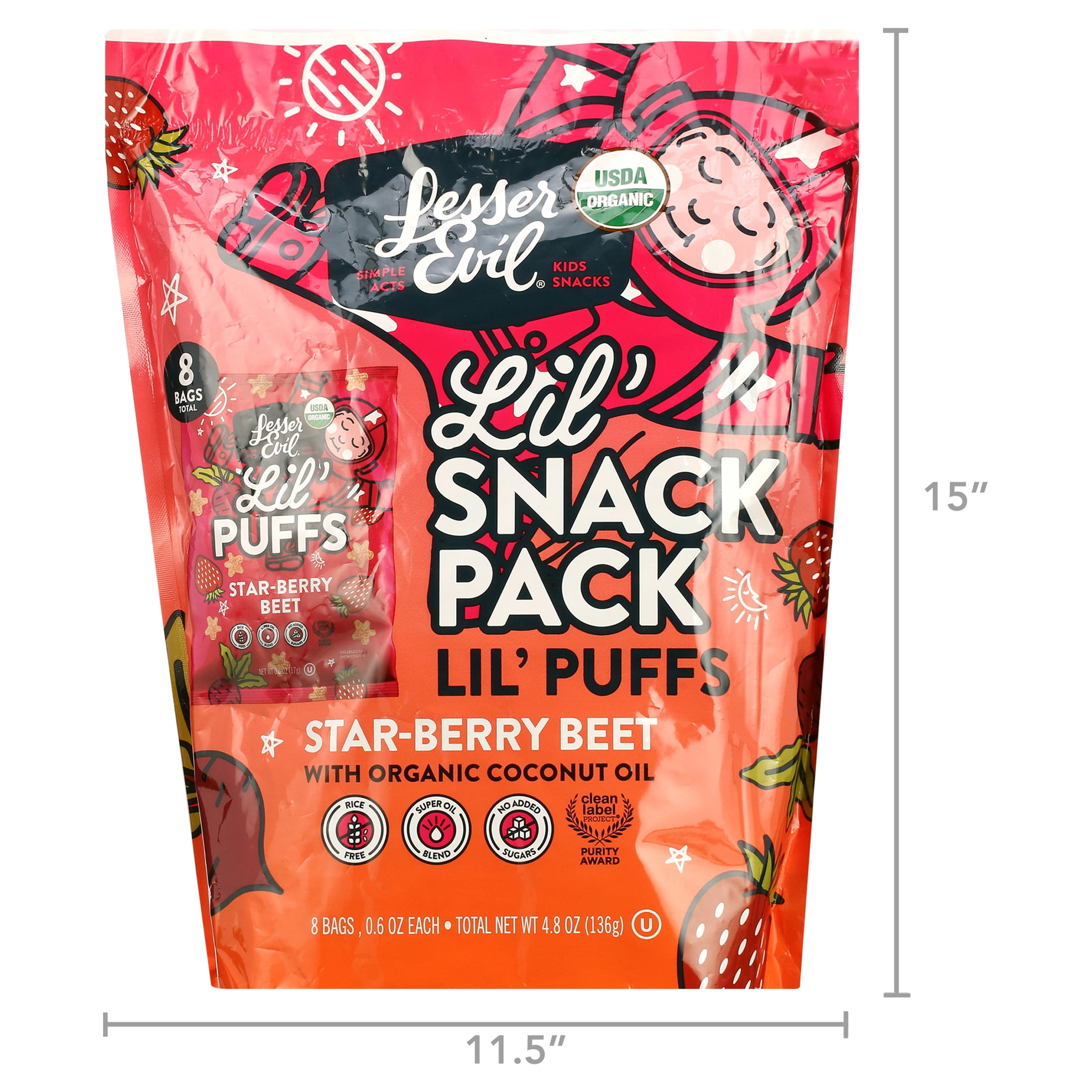 LesserEvil Strawberry Beet Lil' Puffs, Organic Snacks for Kids, 0g Sugar per Serving, 0.6oz, 8 Pack