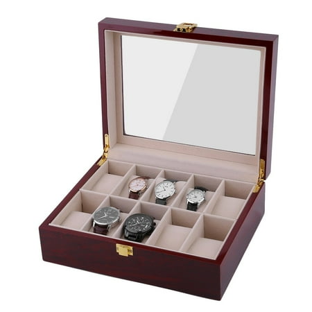 Watch Dislpay Box Organizer, Wood Case with Glass Top, Large, Black/Red