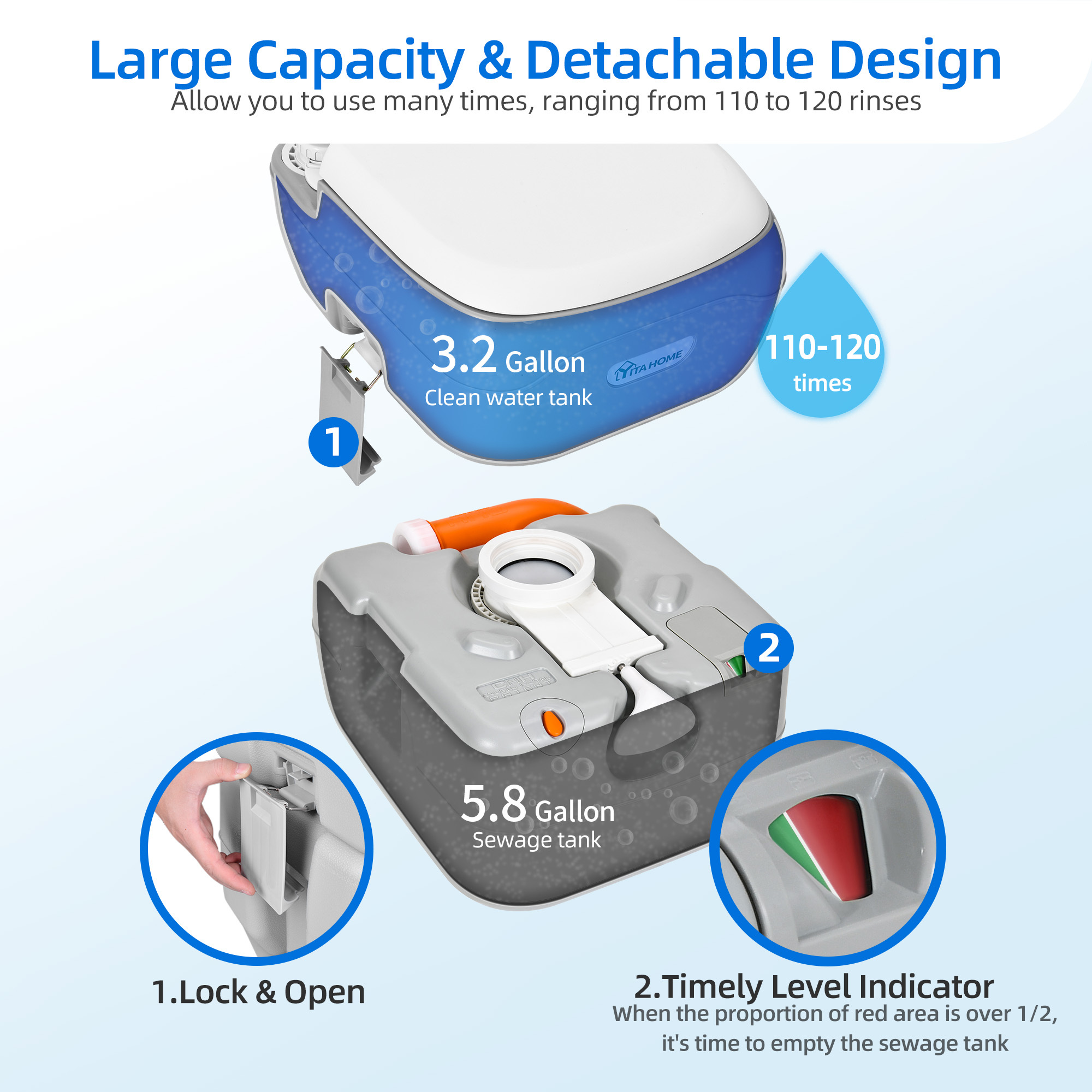 DEXTRUS 5.8 Gallon Portable Toilet, Travel RV Potty,RV Toilet with Level indicator, T-type Water Outlets, Anti-Leak Handle Water Pump, Rotating Spout for Outdoor,Indoor