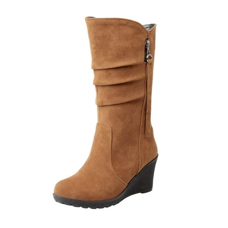 

2022 Ladies Fashion Casual Wedge Heel Frosted Side Zipper Decorative Round Toe Plush Medium Boots