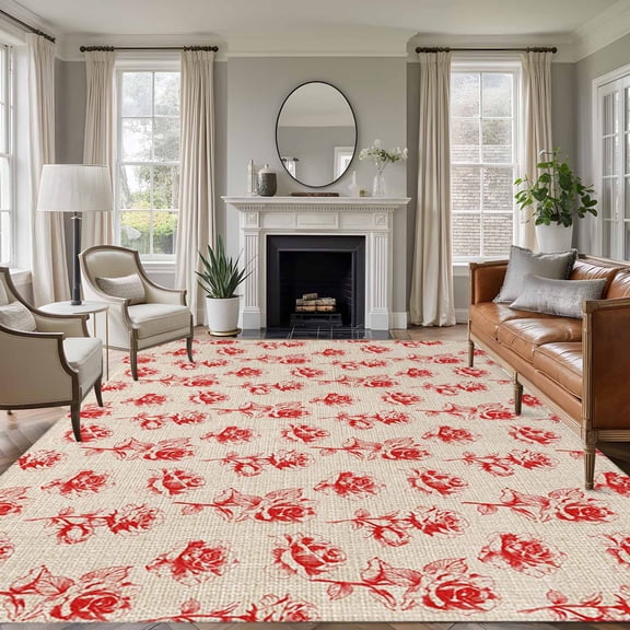 Large Area Rugs for Living Room Bedroom, Red Floral 8'x10' Rug Washable Carpet Runner Indoor Outdoor, Valentine's Day Roses Flowers Vintage Beige Non Slip Floor Mats Rug for Kitchen, Patio