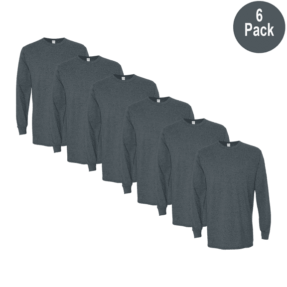 Gildan Heavy Cotton Long Sleeve T-Shirt for Men, Crew Neck Classic Fit Dark Heather Tee, S, 6 Pack