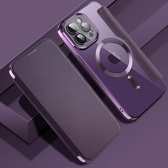 Feishell Flip Case for iPhone 12 Pro Max with Camera Lens Protect Film,Magnetic Closure PU Leather Folio Case with RFID Blocking Card Slots Luxury Plating Transparent Phone Cover,Purple