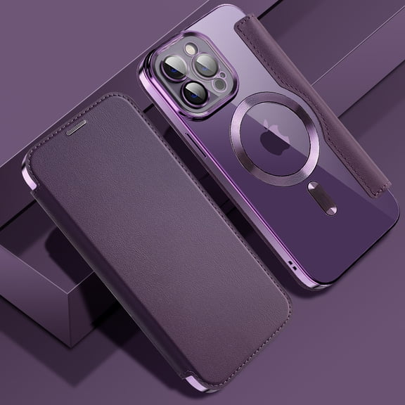 Flip Case for iPhone 12 Pro Max with Camera Lens Protect Film,Magnetic Closure PU Leather Folio Case with RFID Blocking Card Slots Luxury Plating Transparent Phone Cover,Purple
