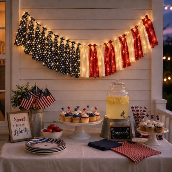 Patriotic Decor Independence Day Decor, Lighted Red White Blue Ribbon Garland with Warm LED Lights, Star Stripe Pattern for Front Door, Wall, Party, Holiday Decor