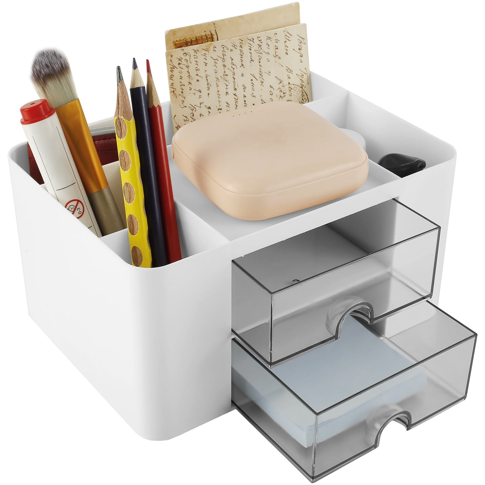 AUPSEN Desk Organizer Mesh Office Supplies Desk Accessories Features 5 Compartments + 1 Mini Sliding Drawer(White)