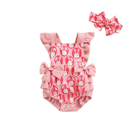 

Xkwyshop Newborn Infant Baby Girls Flying Sleeve Bodysuit Easter Bunny Printed Short Romper with Headband 2Pcs Outfits 0-3 Months