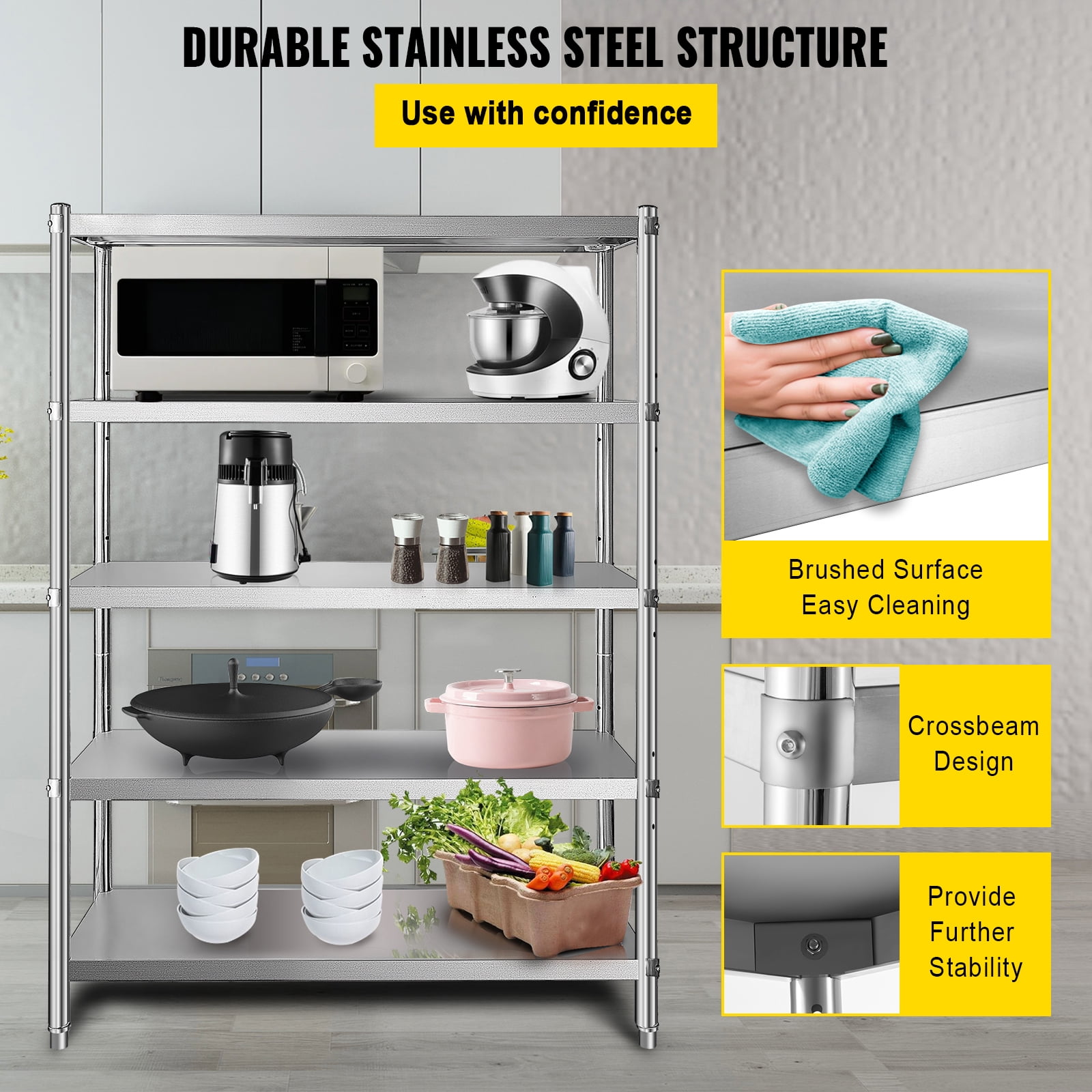 KFFKFF 48x18.5 inch 5 Stainless Steel Shelving Tier Unit Stainless Steel Heavy Duty Shelving Adjustable Shelf Storage for Kitchen Commercial Office Garage Storage 330lb per shelf