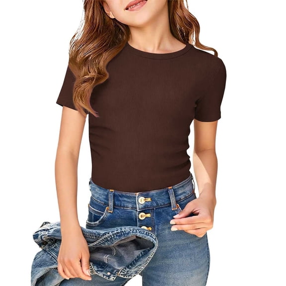 WPPGONE Kids Tween Girls Short Sleeve T Shirt Solid Ribbed Knit Classic Slim Fit Tops Casual Daily School Summer Holiday Streetwear Basic Crewneck Tee Apparel Clothes