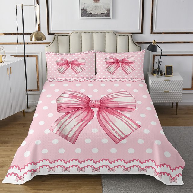 Erosebridal Pink Bowknot Coverlet Set Twin, Cartoon Ribbon Bedding Set, Modern Chic Bow Decor 2pcs