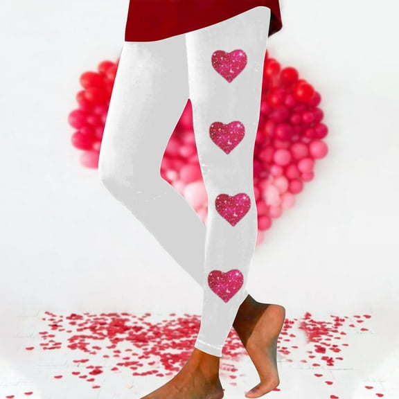 EQWLJWE Women's Valentines Day Leggings Love Heart Print Yoga Pants Elastic Waist Slim Fit Casual Workout Running Tights Valentines Day Gifts White(S-3Xl)