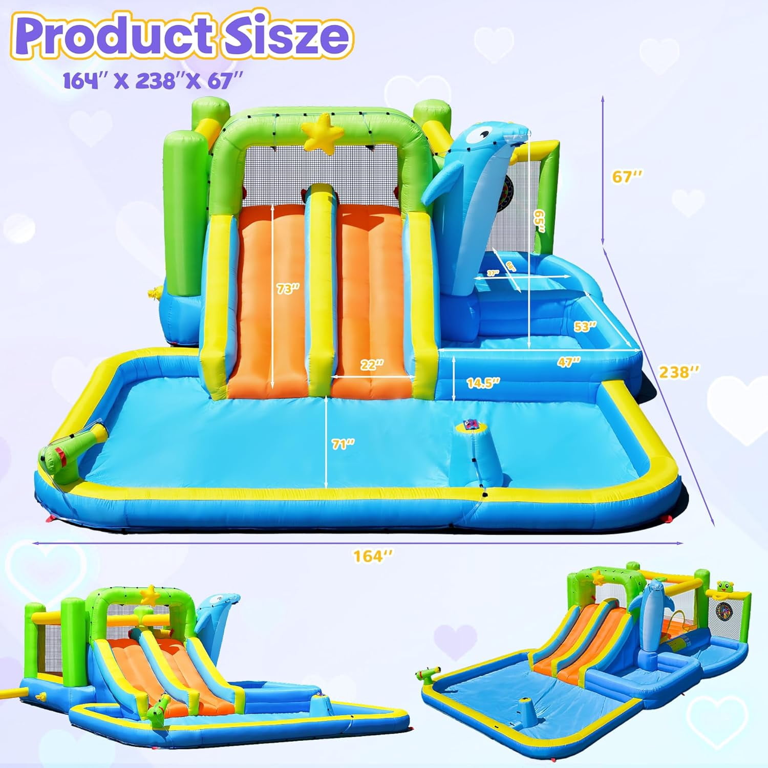 Acpouw 9 in 1 Inflatable Water Slide for 3-12 Years, Bounce House with Blower Shower Soak, Pool, Sprinkler Fountain, Water Gun Target for Kids , Indoor/Outdoor Kids Bouncy Castle with Blower
