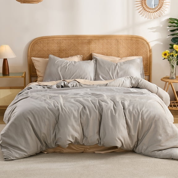 100% Washed Cotton Duvet Cover –Light Grey, Linen-Like Texture, Super Soft & Breathable Bedding Set, 3-Piece Durable Percale Comforter Cover