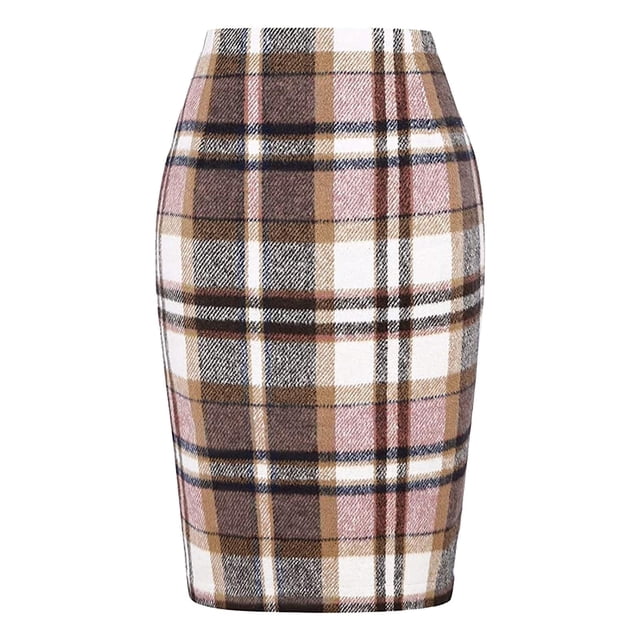 Faldas a cuadros Prolriy para mujer, faldas a cuadros estilo lápiz para mujer, otoño invierno, cintura alta, ajustadas, hasta la rodilla, falda midi de lana con abertura, faldas para mujer, rosa M