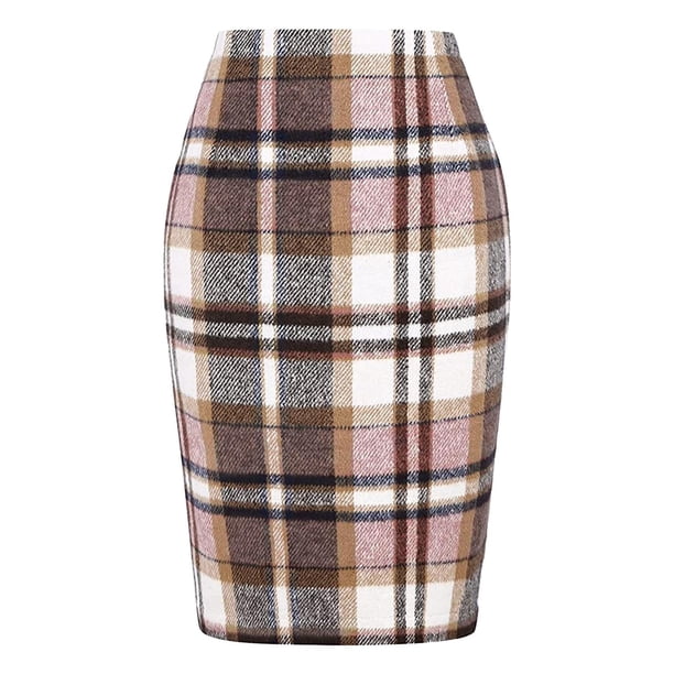 Faldas a cuadros Prolriy para mujer, faldas a cuadros tubo para mujer, otoño invierno, cintura alta, ajustadas, hasta la rodilla, falda midi de lana con abertura, faldas de mujer rosa XL