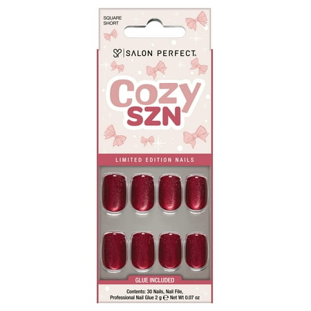 Salon Perfect Halloween Fall Artificial Fake Press On Nails, 409 Magnetic Cherry, Short Square, File, Glue and Prep Pad Included, 30 Nails