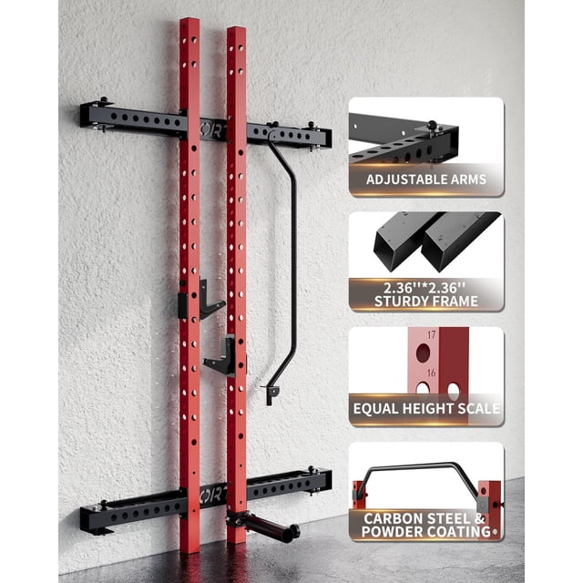 QinaQin Folding Wall Mounted Squat Rack, Power Rack for Home Gym, Red