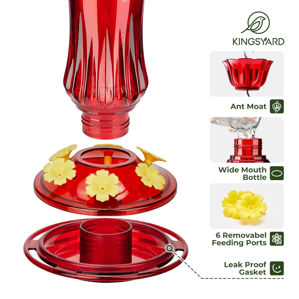 Kingsyard Hummingbird Feeder for Outdoors Hanging, 25 Ounces Leak Proof, Glass Humming Bird Nectar Feeder with Ant Moat & 6 Bee Guard Feeding Ports, Red