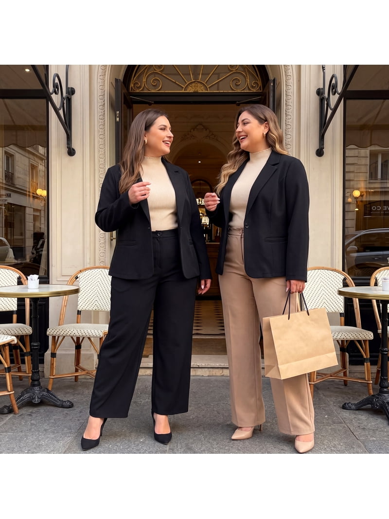Agnes Orinda Plus Size Suit Two Piece Outfits for Women Business Office Blazer Jacket and Pants Suit Set 1X Black Agnes Orinda Plus Size Suit Two Piece Outfits for Women Business Office Blazer Jacket and Pants Suit Set 1X Black