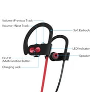 Shedirmuc Bluetooth Headphones, IPX7 Waterproof In-ear Earbuds, Wireless Sports Earphones for Gym Running Cycling Workout (Red Outside & Black Inside)